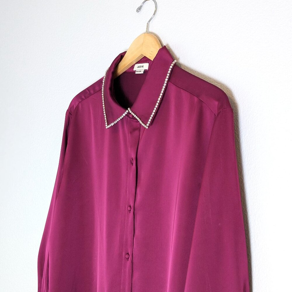 JASON WU Burgundy Satin Rhinestone Trim Blouse L